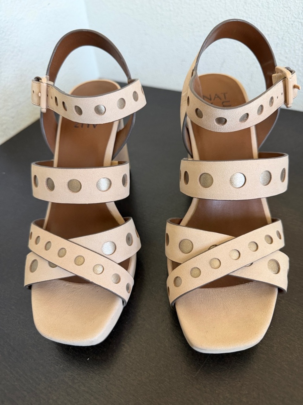 Naturalizer Light Beige Leather Strappy Block Heel Sandals